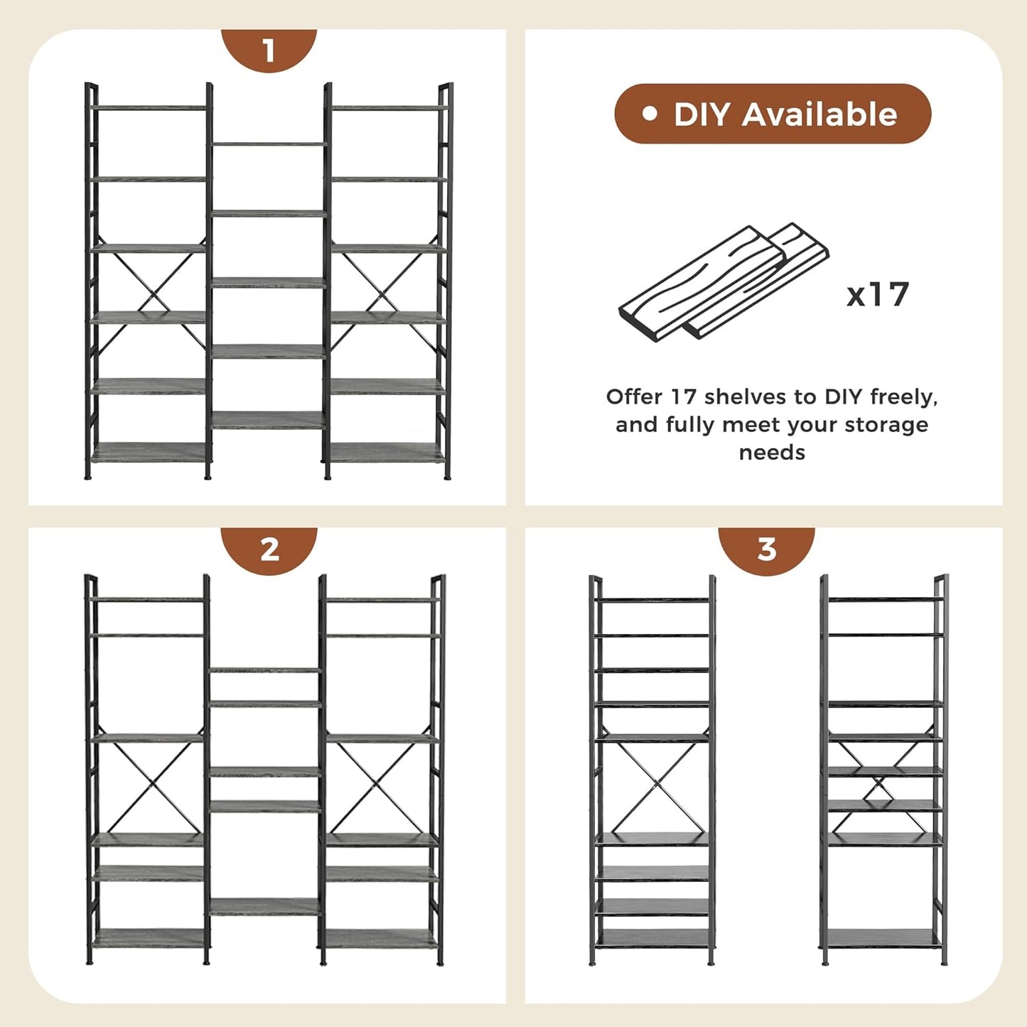 SUPERJARE Triple 6 Tier Bookshelf, Bookcase with 17 Open Display Shelves, Wide Book Shelf Book Case for Home & Office, Grey