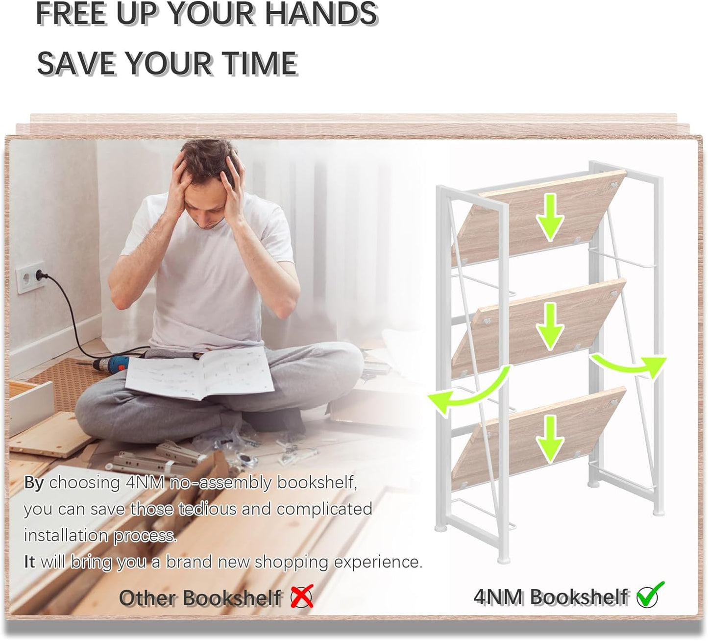 4NM No-Assembly Folding Bookshelf Storage Shelves 3 Tiers Vintage Bookcase Standing Racks Study Organizer Home Office (Natural White)
