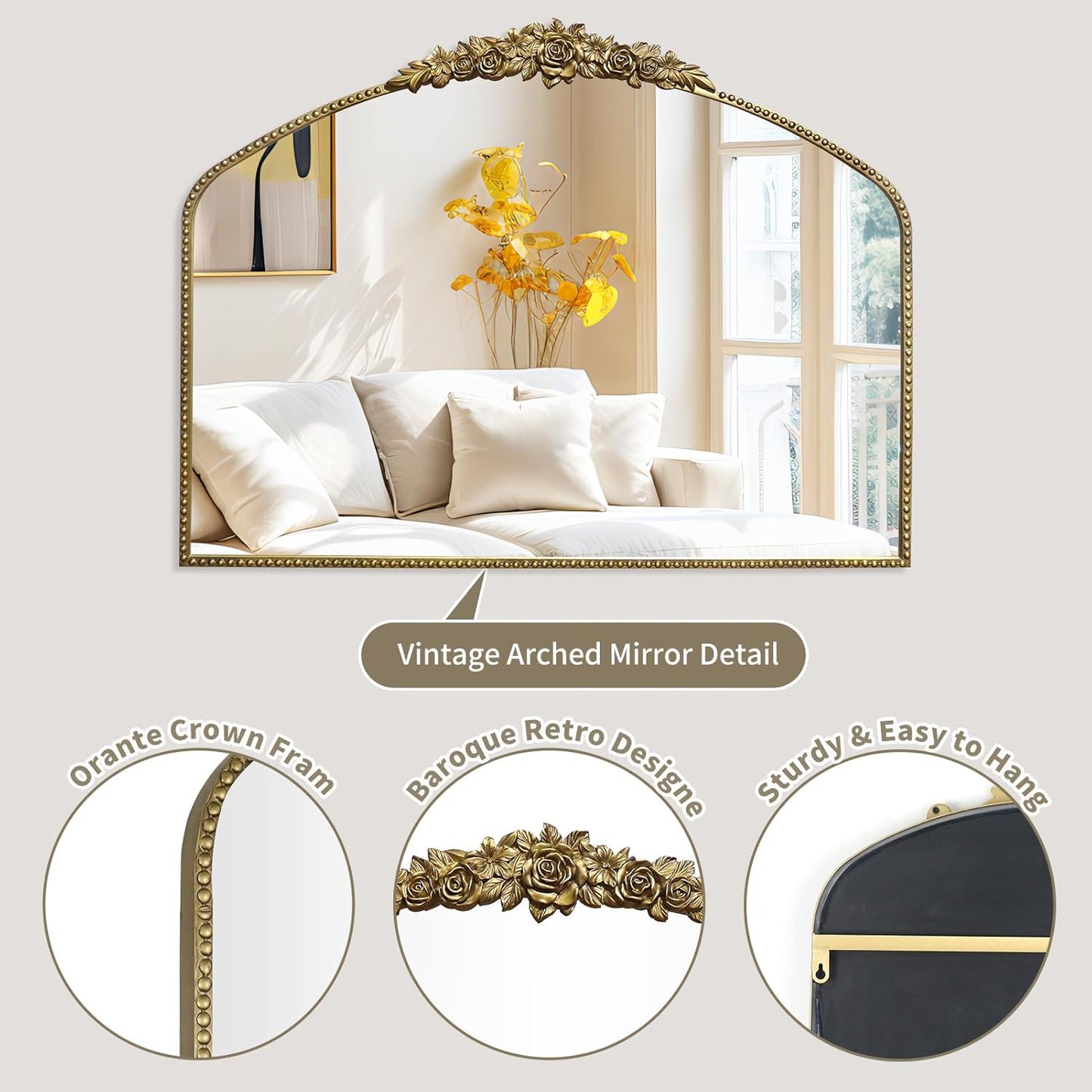 Vintage Gold Arched Mirror 40"X30",Antique Baroque Mantel Mirror with Ornate Metal Frame for Entryway/Fireplace/Living Room/Hallway/Bathroom/Bedroom