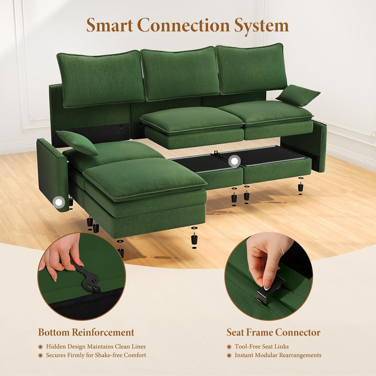 Vesgantti 108" U Shaped Sectional Couch, Comfy Cloud Modular Sectional Sofa with 2 Ottoman Deep Seat Chenille Modern Cloud Sofa, Modular Sofas for Living Room, Bedroom and Apartment, Green