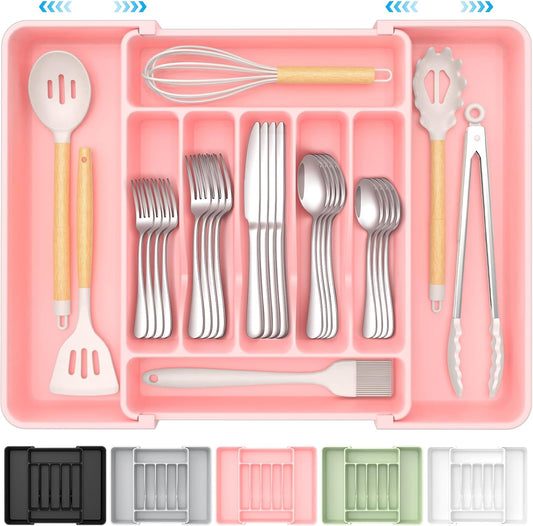Extra Large Expandable Silverware Organizer, BPA-Free Food-Safe Cutlery Flatware Organizer, Kitchen Utensil Drawer Organizer, Adjustable Silverware Holder for Spoons Forks Knives, Pink