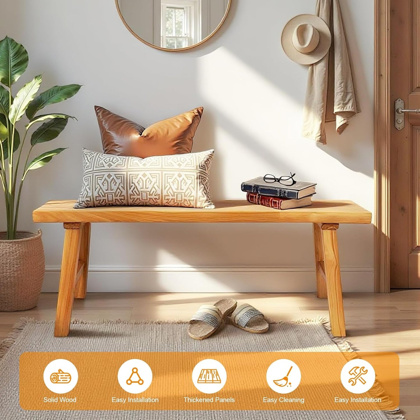 Farmhouse Solid Wood Bench: Long Rustic Indoor Narrow Wooden Bench for Entryway,Living Room, Dining Room,End of Bed,Hallway (20" Lx10 Wx18 H)