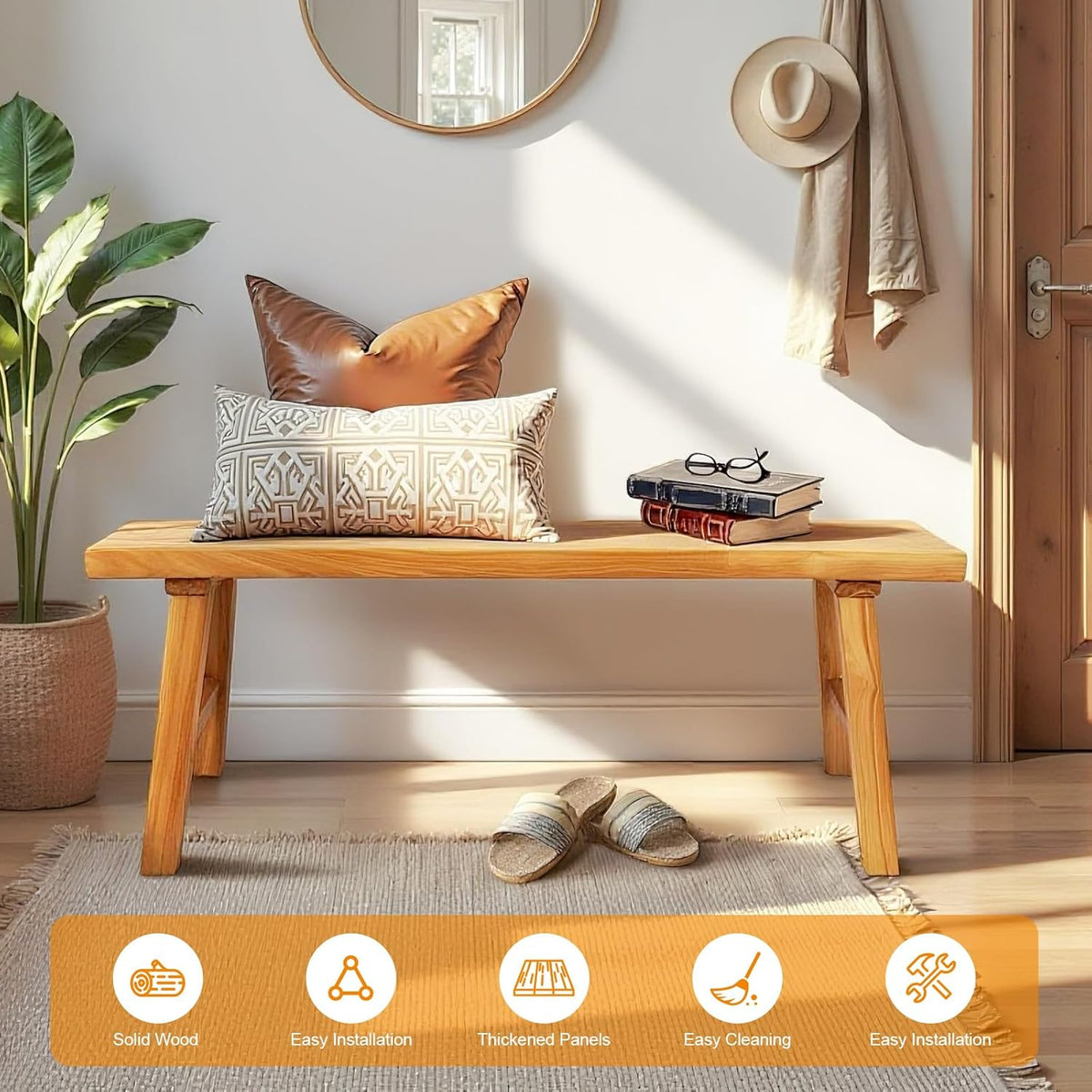 Farmhouse Solid Wood Bench: Long Rustic Indoor Narrow Wooden Bench for Entryway,Living Room, Dining Room,End of Bed,Hallway (63" Lx10 Wx18 H)