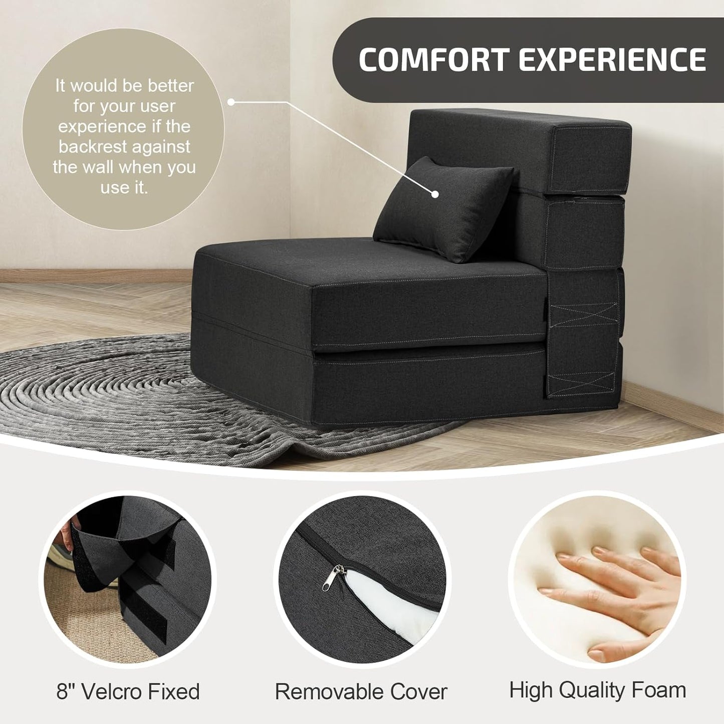 Folding Sofa Bed with Pillow- Convertible Chair Floor Couch & Sleeping Mattress, Foldable Memory Foam Sleeper for Living Room/Dorm/Guest Room/Home Office/Apartment/Loft, Single28, Dark Gray