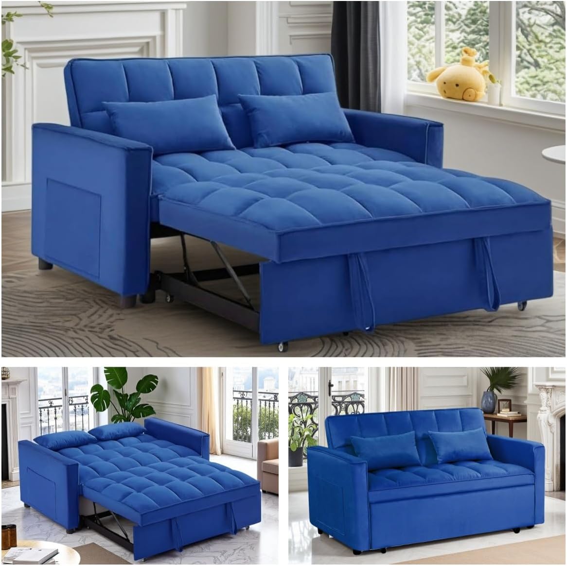 3 in1 Sofa Bed, Pull-Out Sleeper Sofa Bed with 3-Level Adjustable Backrest, Velvet Fabric Convertible Love Seat Sleepers Beds for Living Room & Bedroom & Apartment, Blue