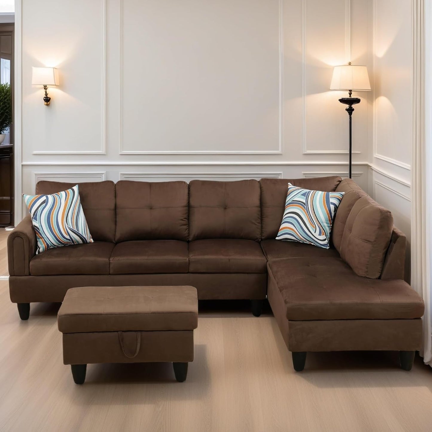 L Shaped Sectional Couches for Living Room, Modern Modular Sectional Sofa with Ottoman Storage, Comfy L Shaped Couch with Chaise for Bedroom Apartment Furniture, Brown