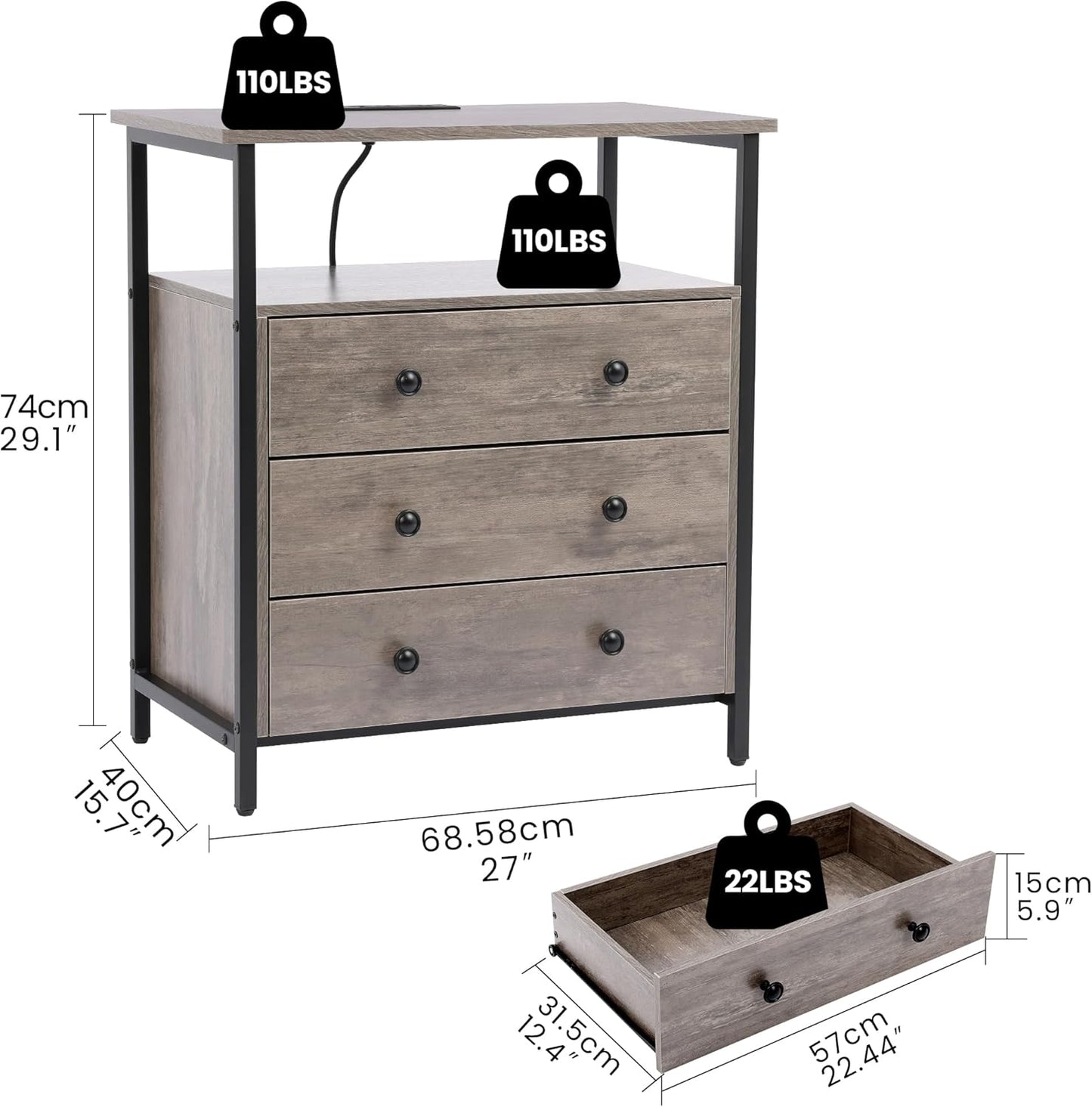 3 Wooden Drawers Night Stand, 27 Inch Wide Nightstand with Charging Station and Adjustable Drawers, Bedside Table for Living Room/Bedroom/Office, Gray.