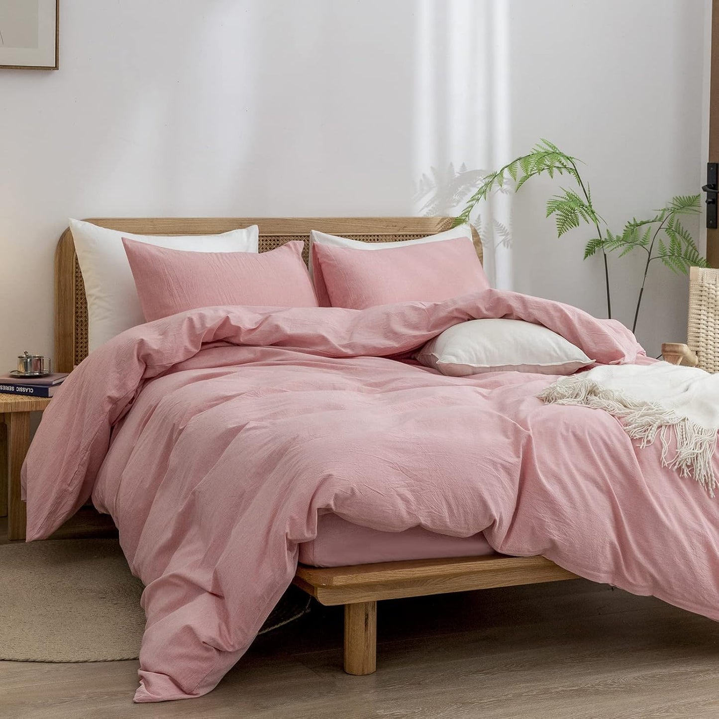 BESTOUCH Duvet Cover Set 100% Washed Cotton Linen Feel Super Soft Comfortable Chic Lightweight 3 PCs Home Bedding Set Solid Red Pink Full/Double