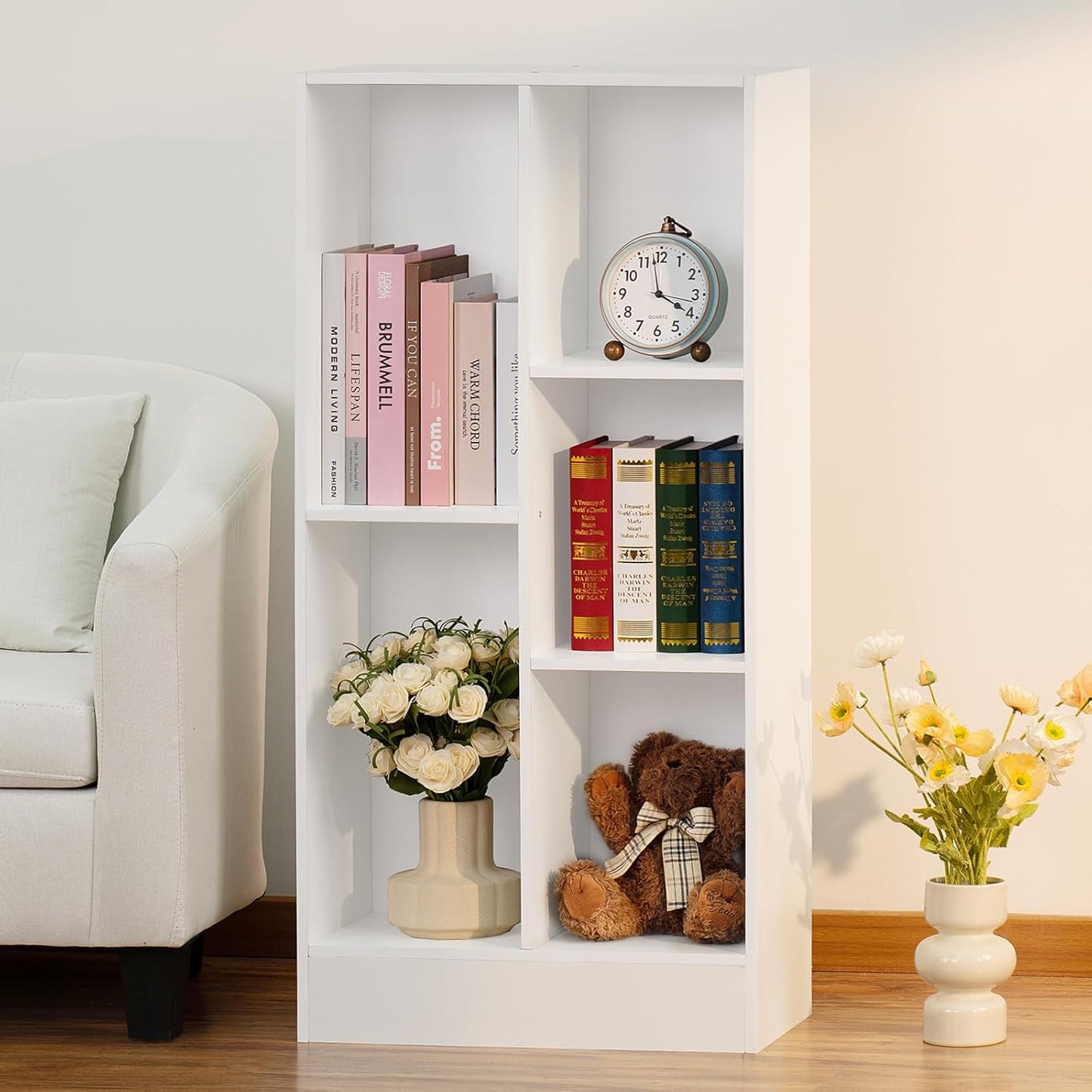 YAHARBO 5 Cube White Bookshelf,Small Modern Horizontal Bookcase,Wood Floor Standing Low Bookshelves Display Storage Cabinet with Base, Short Book Shelf Open Organizer for Bedroom,Living Room,Office