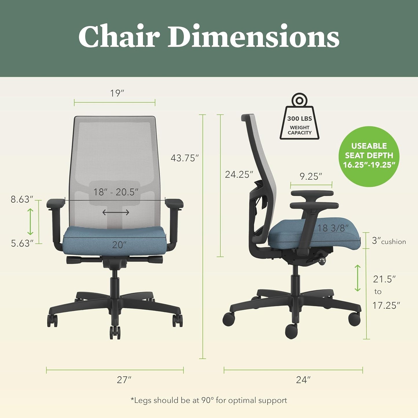 HON Ignition 2.0 Ergonomic Office Chair, Adjustable Tilt, Swivel Wheels, Comfy for Long Hours, Home Office Desk Chairs, Blue