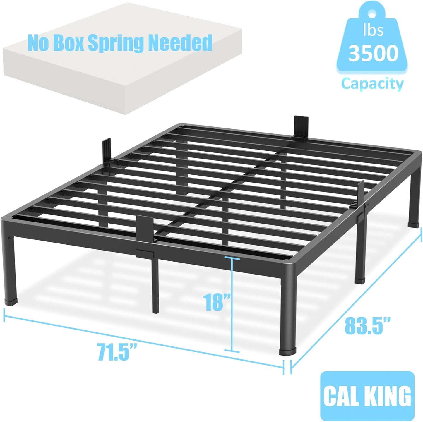 FUIOBYVV California King Bed Frame with Round Corner Edge Legs 18 inch High 3500 lbs Heavy Duty Metal Platform Bed Frame King Size No Box Spring Needed/Noise Free/Steel Slat Support/Non-Slip Black