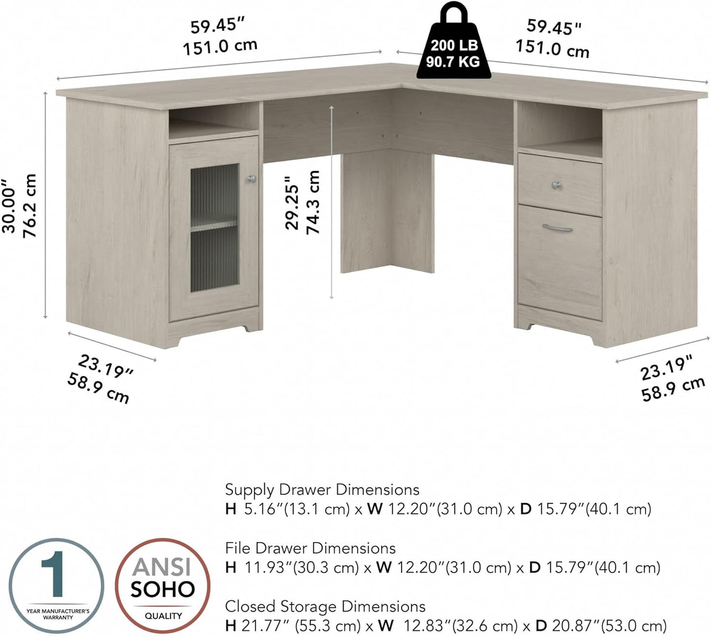Bush Furniture Cabot 60W L Shaped Computer Desk in Linen White Oak