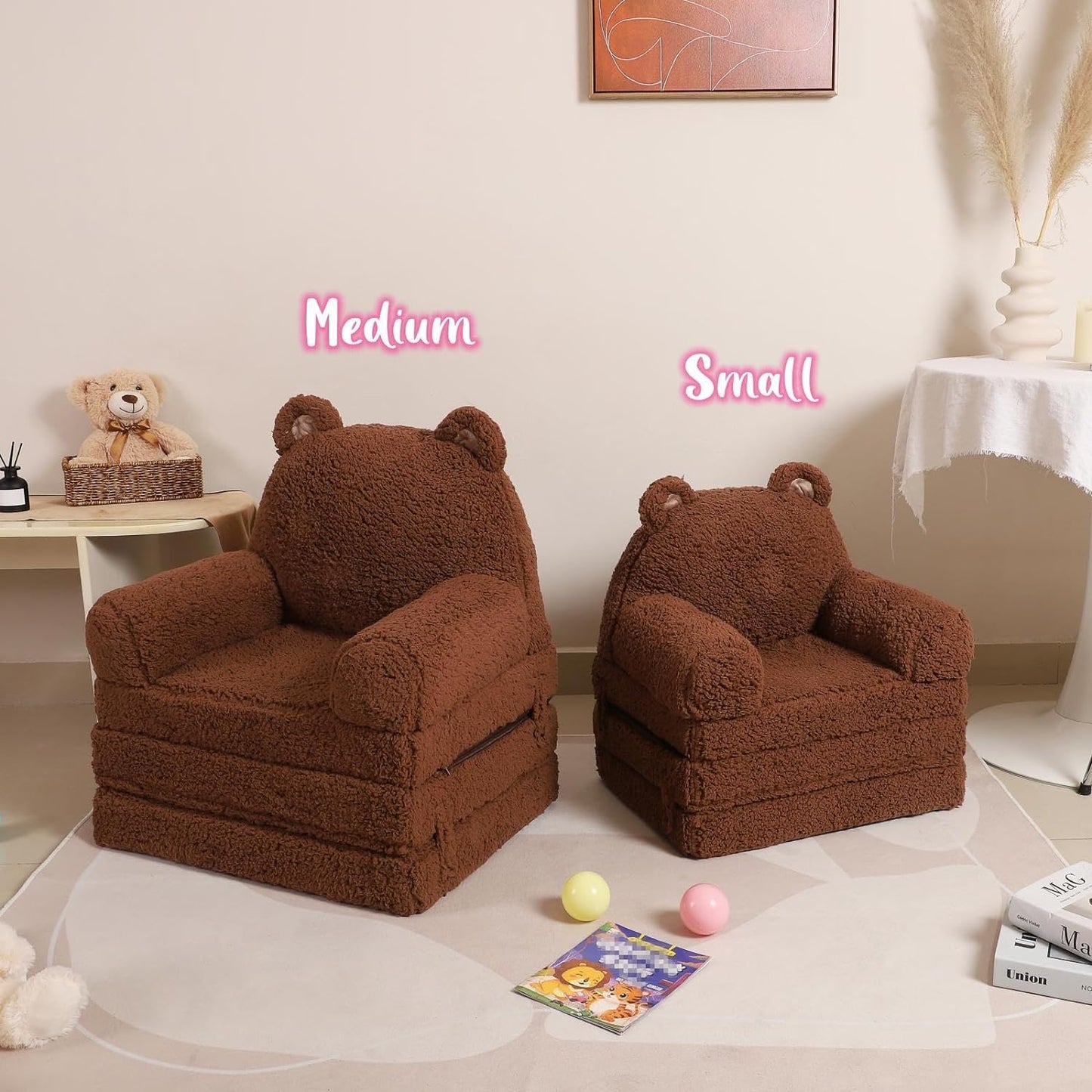 Foldable Sofa for Kids, Sherpa Teddy Bear Toddler Couch With Tri Folding Foam Cushions, Comfy for Ages 3-6