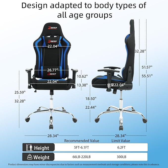 Ergonomic Fabric Gaming Chair with Footrest and Lumbar Support Racing Office Chair Adult-Specific Computer Gaming Chair Wrinkle-Resistant.(1005-DeepBlue)
