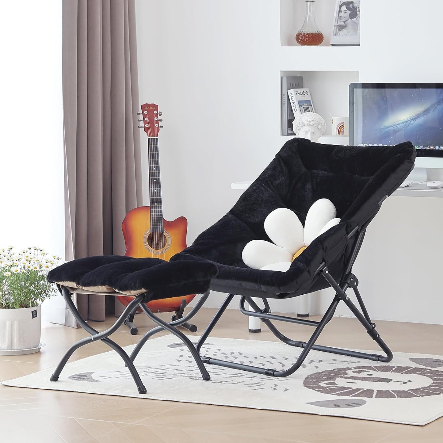 Comfy Folded Chair with Ottoman, Oversized Folding Faux Fur Chair Soft Furry Lounge Lazy Chair with Metal Frame Moon Chair Accent Chair for Bedroom, Living Room, Dorm Rooms