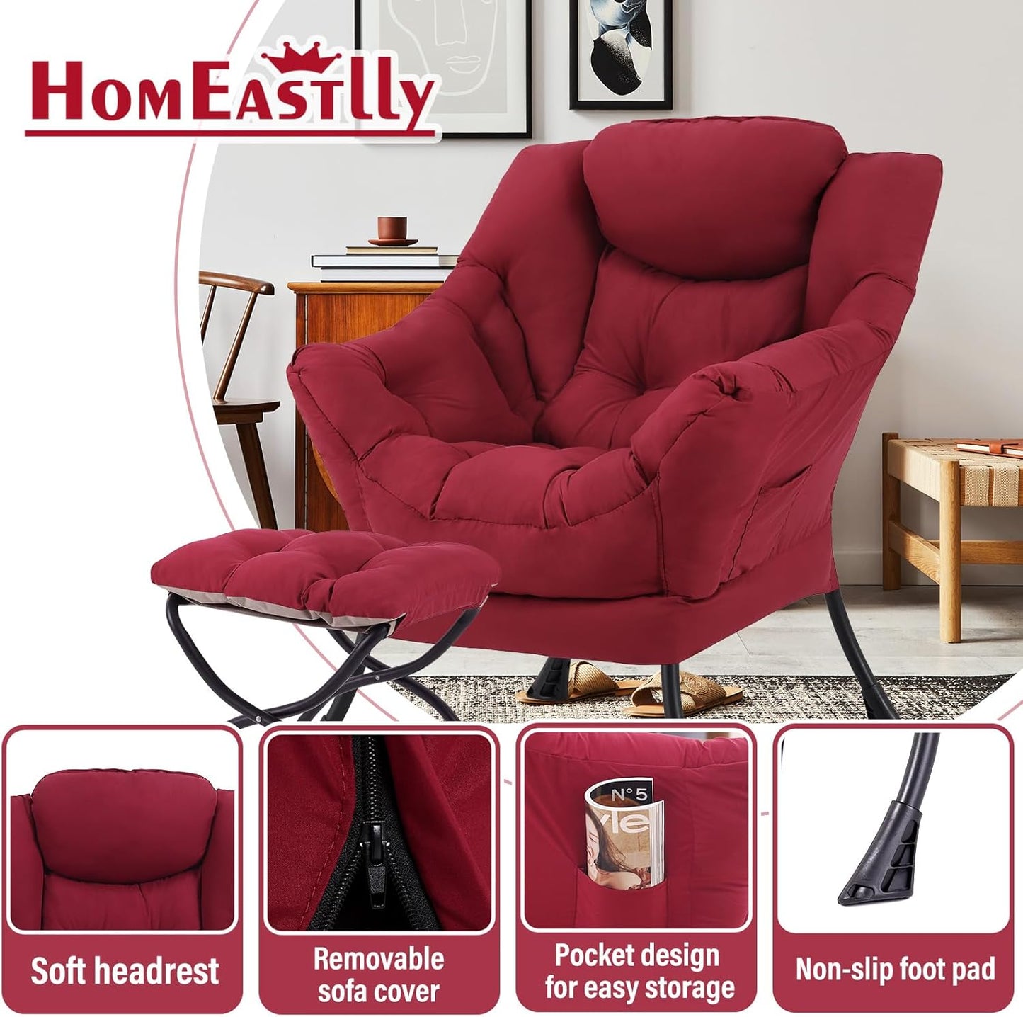 Lazy Chair with Ottoman, Large Modern Lounge Accent Chair with Armrests and Footrest, Reading Armchair with Ottoman, Leisure Sofa Chair for Living Room, Bedroom, Dorm Room, Office（Burgundy）