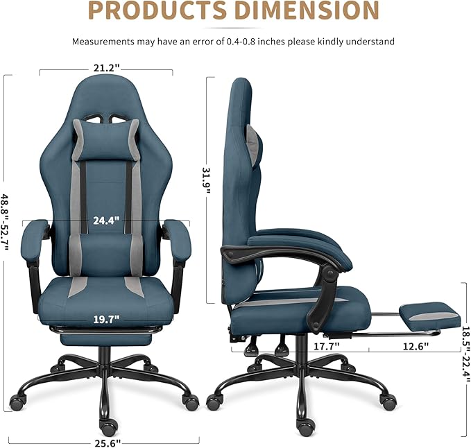 Breathable Fabric Gaming Chair with Footrest, Height Adjustable Game Chair, Video Gaming Chair for Gaming Room, Living Room and Office - Blue/Light Grey