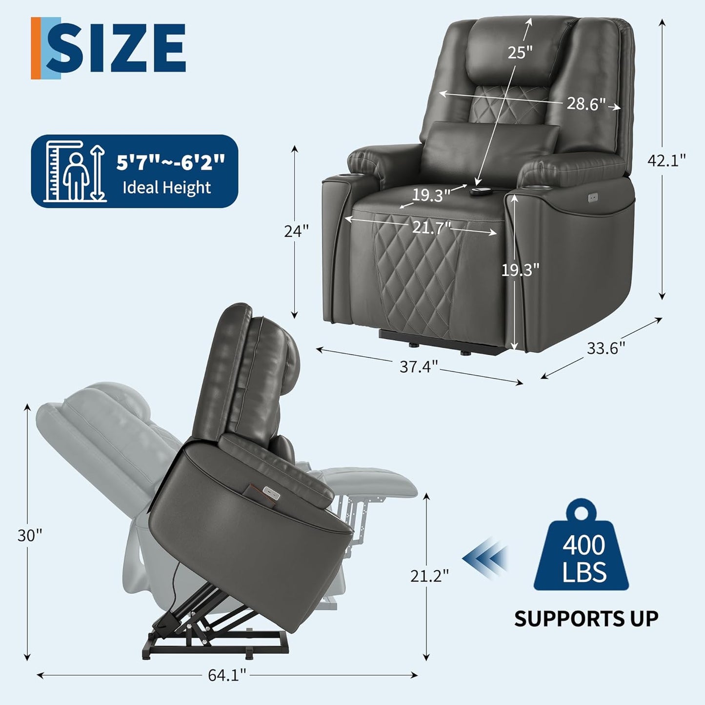 IDEALHOUSE Electric Power Lift Recliner Chair Sofa, Power Lift Chair for Elderly, 3 Positions, Side Pockets, and Cup Holders, USB Ports, Recliner Chair with Remote for Living Room, Grey
