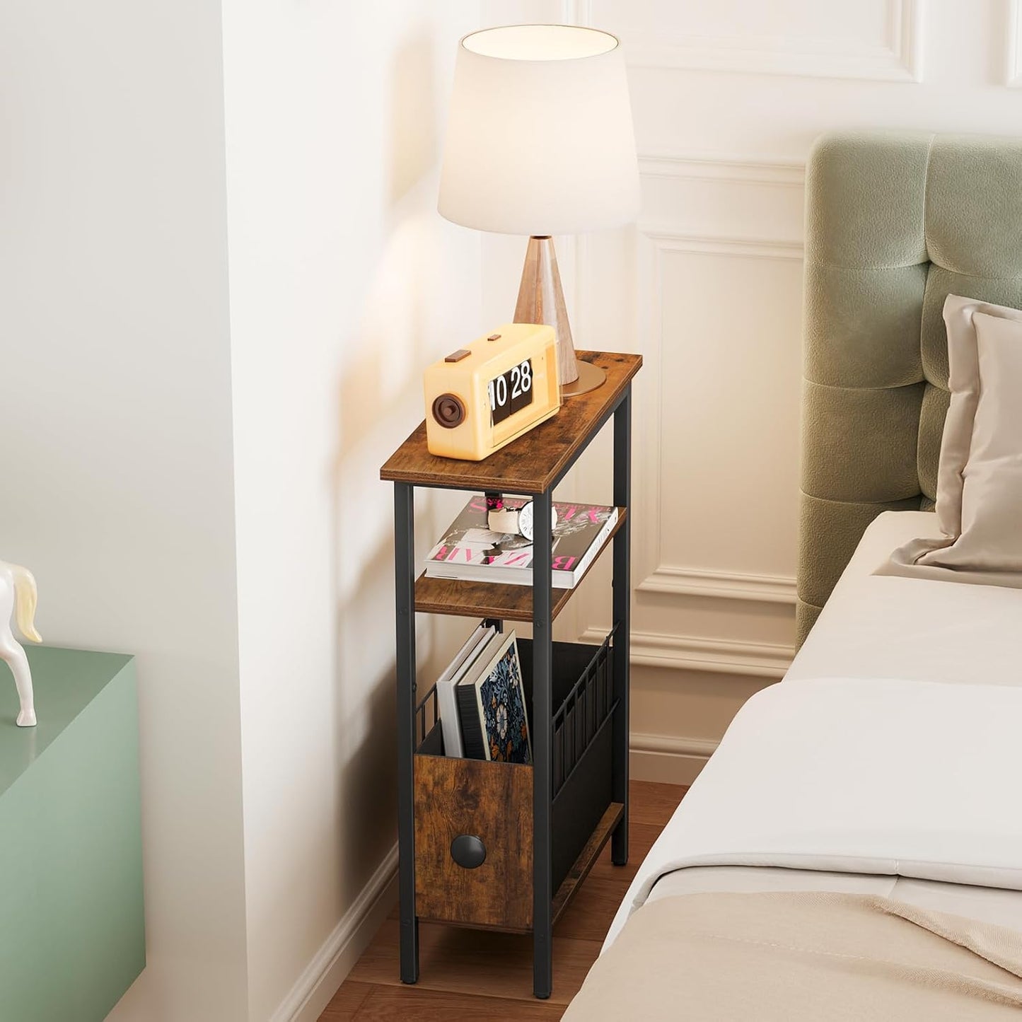 Snughome Narrow Side Table for Small Spaces, Slim End Table 3 Tier, Skinny Nightstand with Drawer, Sofa Beside Table with Storage Shelf for Living Room Bedroom