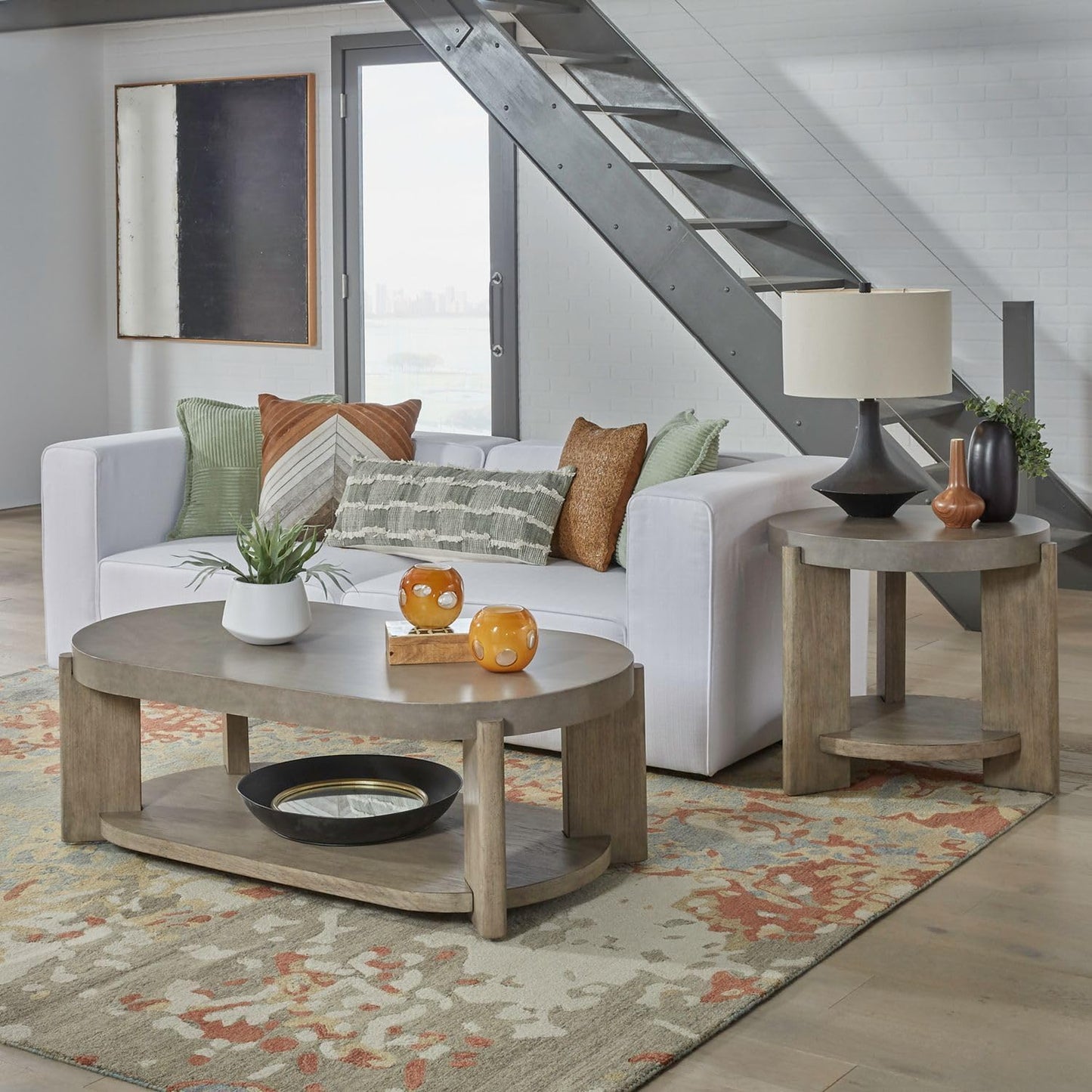 Liberty Furniture Affinity Opt 3 Piece Set - Oval Cocktail Table, 2 End Tables - Dusty Taupe Faux Concrete Tops