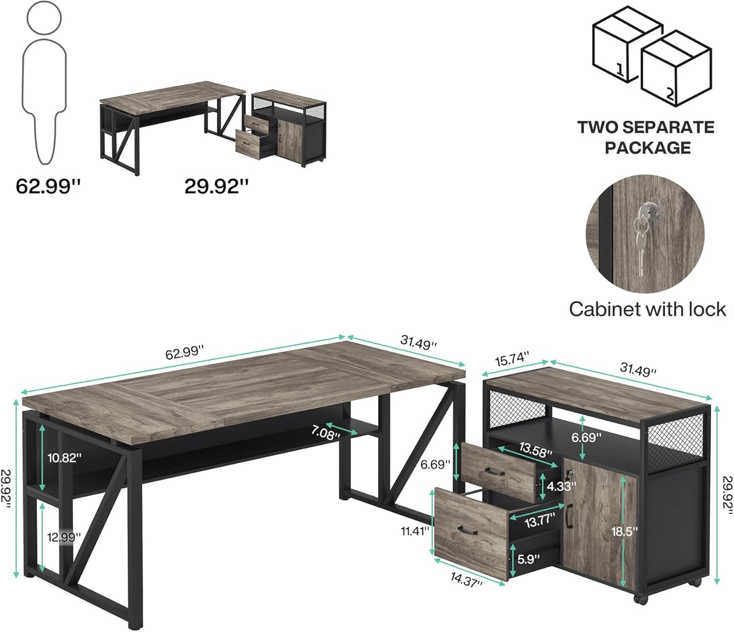 Tribesigns L Shaped Desk with Drawer Cabinet, 63" Executive Computer Desk and lateral File Cabinet, 2 Piece Home Office Furniture with Drawers for Hanging File, Doors with Locks (Gray, 63 inches)