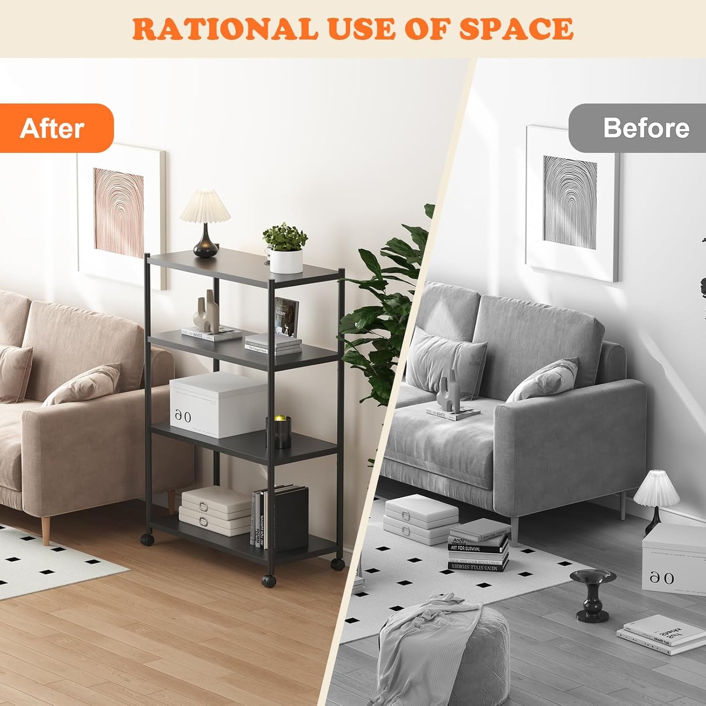 ZZL 4 Tier Bookshelf 31.49" Width,Book Organizers and Storage w/Wheels,Rustic Industrial Book Shelves for Home Office,Bedroom,School,Living Room(Black)