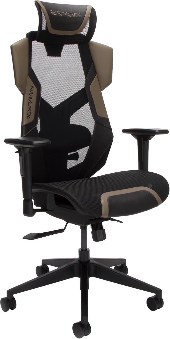 RESPAWN FLEXX Ergonomic Office and Gaming Chair with Lumbar Support - Breathable Mesh Recliner with Headrest & Adjustable Arms, Comfy Home Office Desk Chairs, Reclining Gaming Seat for Adults - Brown
