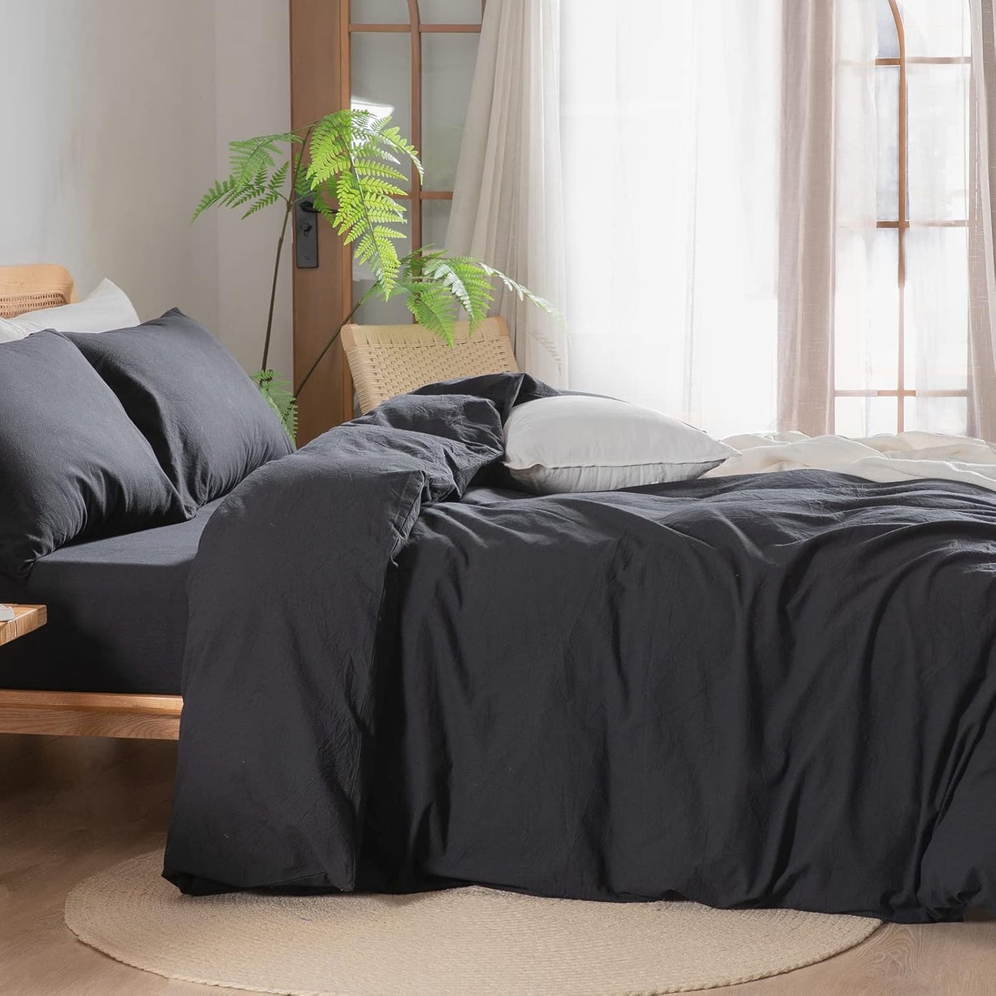 BESTOUCH Duvet Cover Set 100% Washed Cotton Linen Feel Super Soft Comfortable Chic Lightweight 3 PCs Home Bedding Set Solid Deep Black Super King Plus