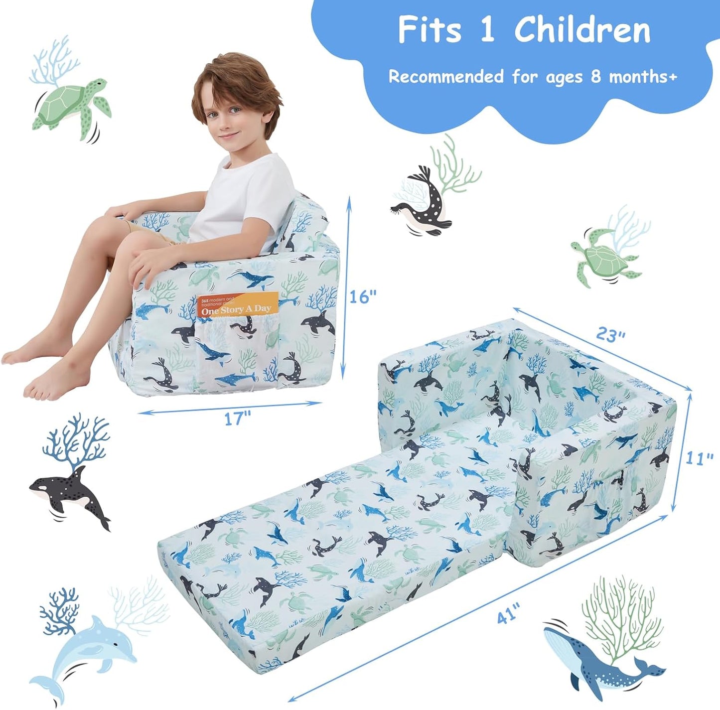 Viviland Kids Chairs for Toddler,2-in-1 Soft Toddler Couch Fold Out,Convertible Soft to Lounger Toddke Chair Comfy for Girls and Boys,Blue Whale