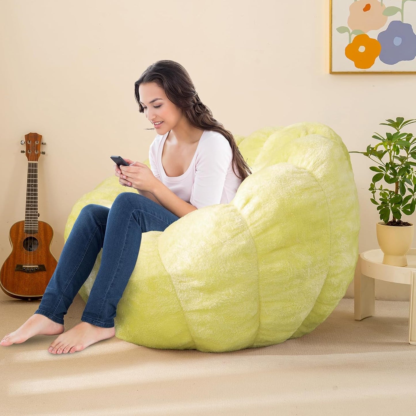 Pumpkin Bean Bag Sofa Chair for Adult, Beanbag Couch with Filler for Reading and Relaxation, Comfy and Lazy Sofa for Dorm, Apartment, Living Room and Bedroom, Grass Green