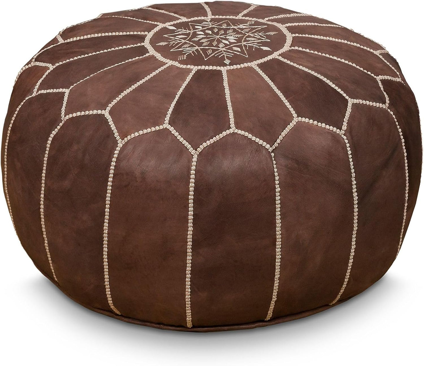 Stuffed Round Design Moroccan Leather Pouf Ottoman, Handmade, Pre-Filled, 100% Genuine Leather, 13” Height x 20” Diameter, Footstool & Living Room Décor (Brown)
