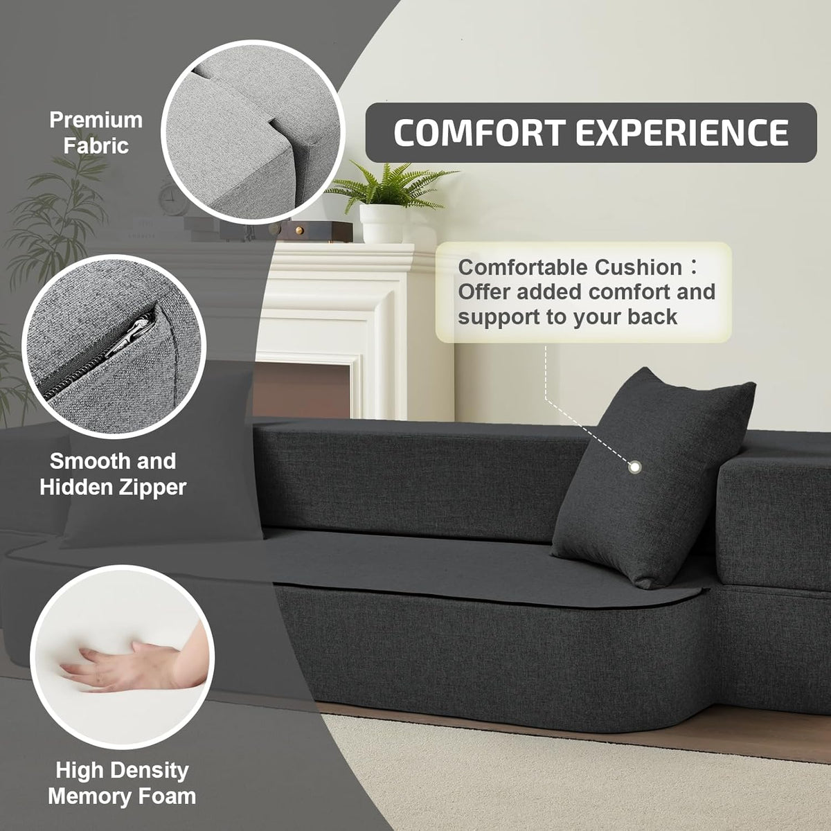 2-in-1 Folding Sofa Bed with Pillows - Folding Chair Floor Couch & Sleeping Mattress - Washable Cover & Memory Foam Sleeper Chair for Living Room/Guest Room/Apartment/Loft, Dark Gray, Twin XL