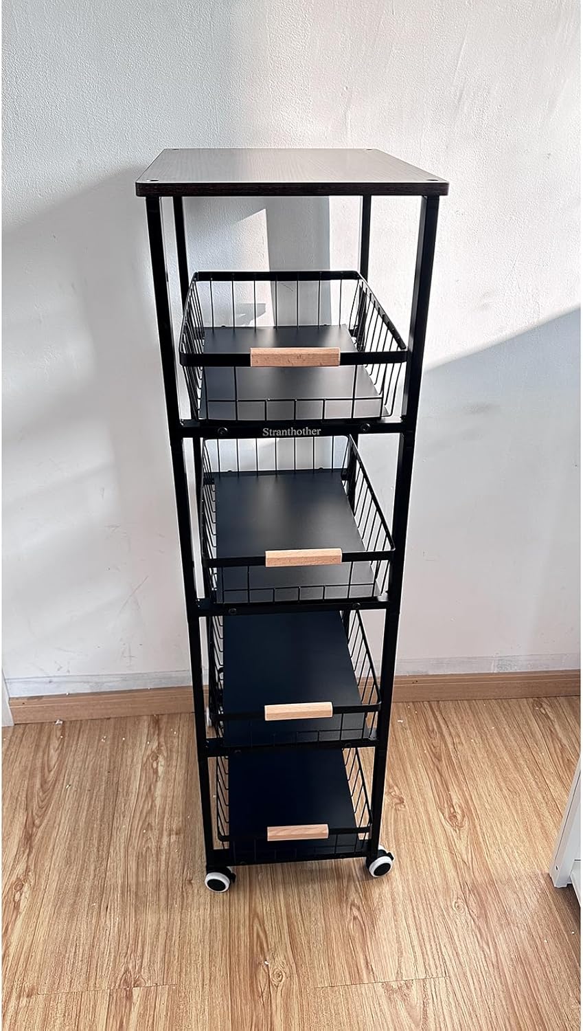 Kitchen Storage Cart Slim Rolling Cart On Wheels,5-Tier Skinny Kitchen Island Utility Organizer Storage Cart with Pull-Out Baskets and Wood Top,Mesh Fruit Basket Cart with Handle