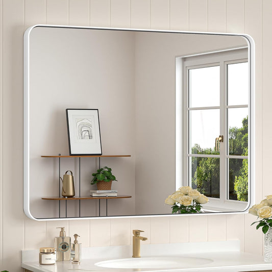 Keonjinn Matte White Bathroom Mirrors for Over Sink 40 x 30 Inch Large Rounded Rectangle Bathroom Mirror for Wall, Seamless Metal Frame Farmhouse Mirror, HD Tempered Glass(Horizontal/Vertical)