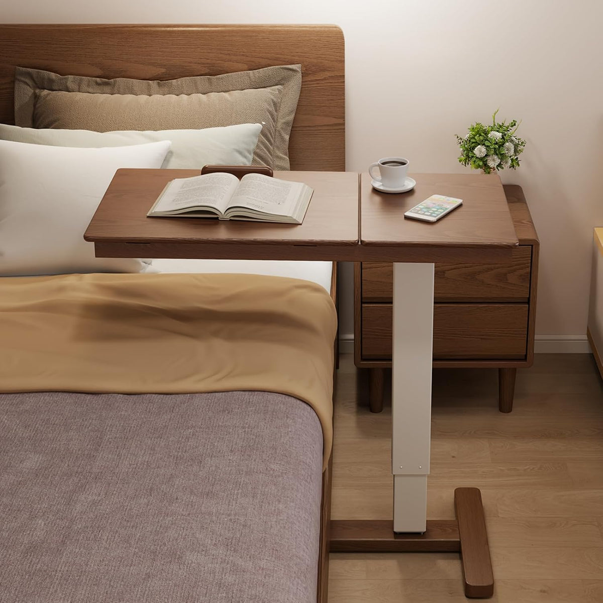 Solid Wood Overbed Bedside Table with Wheels, Adjustable Medical Tilt Top Hospital Bed Table Over The Bed, Rolling Laptop Desk, Mobile Standing Desk for Hospital and Home Use (Walnut)