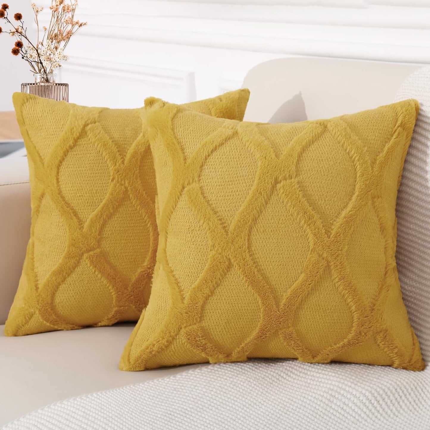 decorUhome Fall Throw Pillow Covers 18x18 Inch Set of 2, Soft Plush Faux Fur Wool Mustard Yellow Couch Pillow Covers, Decorative Neutral Pillow Cases for Bed Sofa Living Room Home Decor