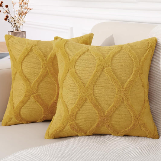 decorUhome Fall Throw Pillow Covers 18x18 Inch Set of 2, Soft Plush Faux Fur Wool Mustard Yellow Couch Pillow Covers, Decorative Neutral Pillow Cases for Bed Sofa Living Room Home Decor