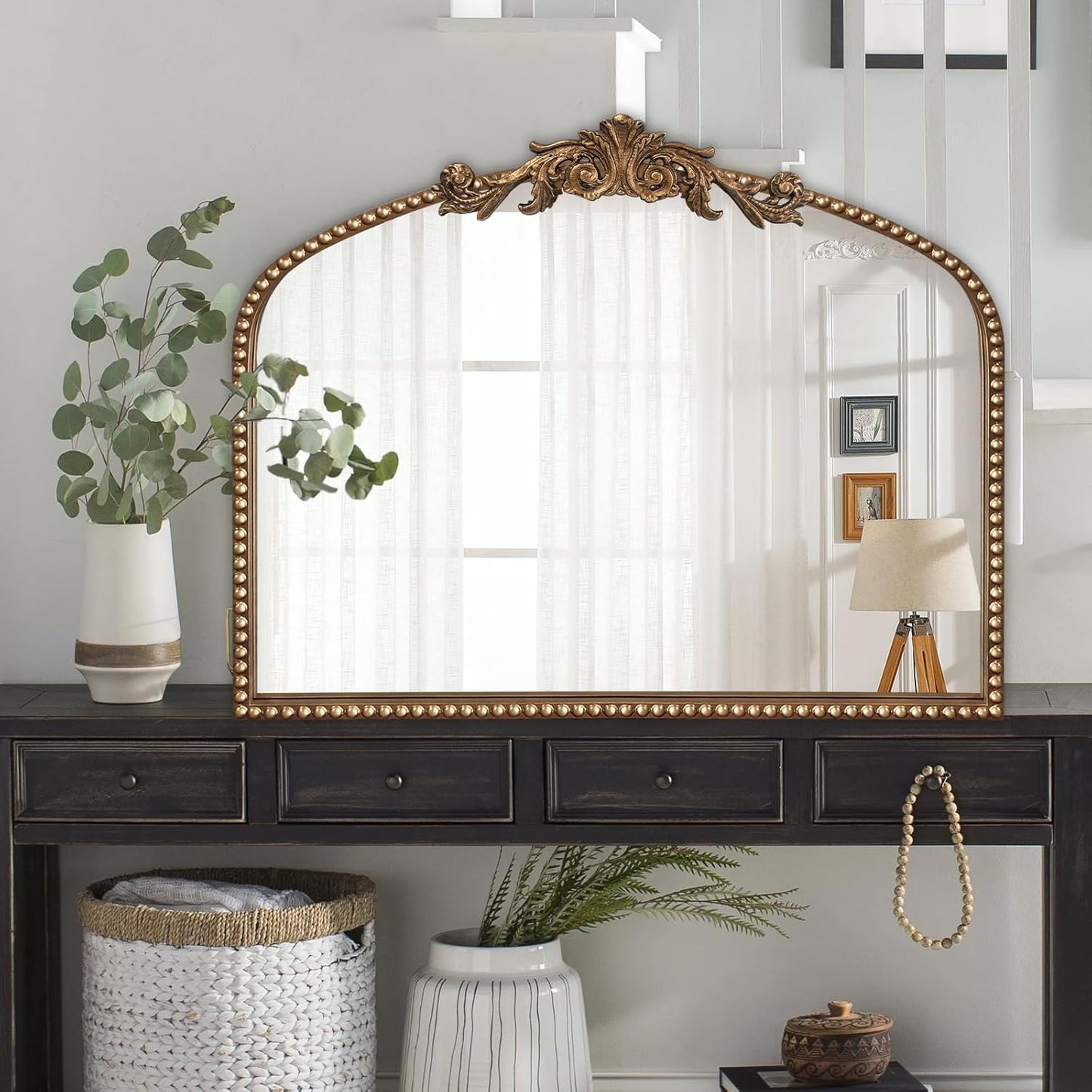 ironsmithn Gold Arched Mirror, 30"x36" Ornate Beaded Frame Mirrors, Metal Decorative Accent Mirror for Fireplace Bedroom Bathroom Living Room Entryway