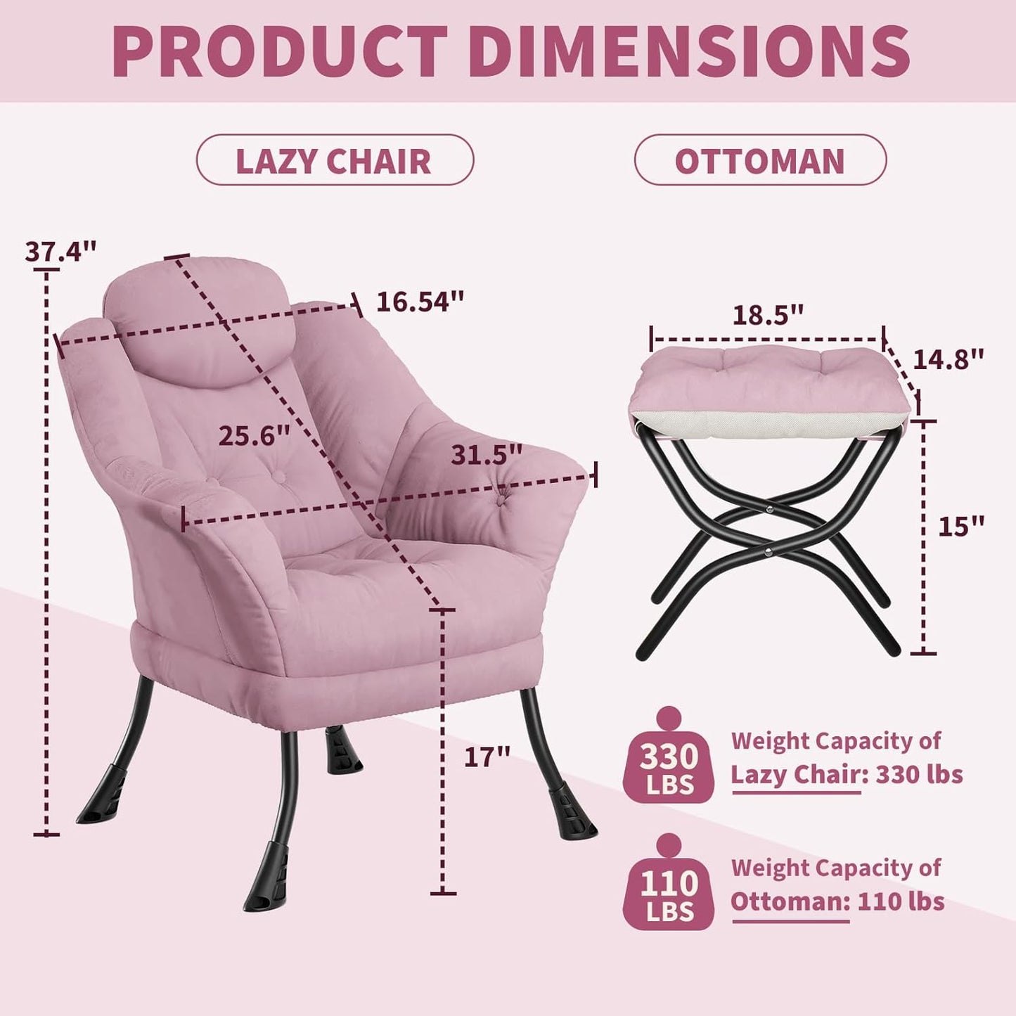 IDEALHOUSE Lazy Chair with Ottoman - Modern Living Room Chairs for Small Spaces, Ergonomic Reading Chair with Armrests, Comfy Chair with Ottoman for Bedroom & Living Room, Pink