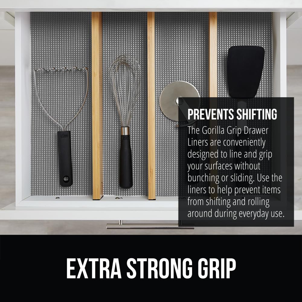 GORILLA GRIP powerGRIP Drawer Shelf and Cabinet Liner, Thick Strong Hold, Non-Adhesive Liners Protect Kitchen Cabinets and Cupboard, Bathroom Drawers, Easy Install, Breathable Mat, 20" x10', Gray