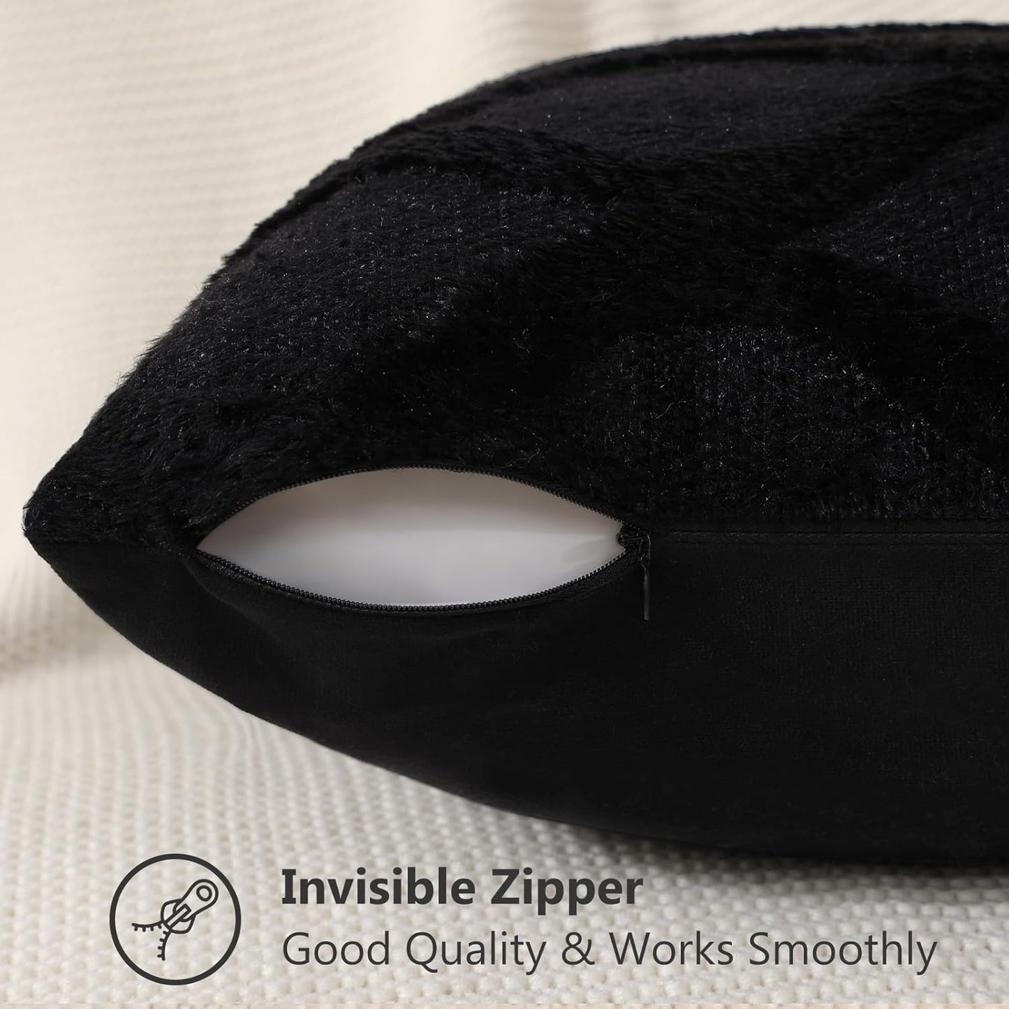 decorUhome Throw Pillow Covers 24x24 Inch Set of 2, Soft Plush Faux Fur Wool Black Couch Pillow Covers, Decorative Neutral Pillow Cases for Bed Sofa Living Room Home Decor