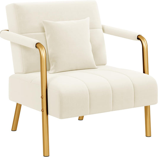 Yaheetech 30" W Modern Sofa Small Sofa Luxurious Velvet Fabric Couch with Gold-Tone Metal Arms and Legs for Living Room, Home Office, Studio Beige
