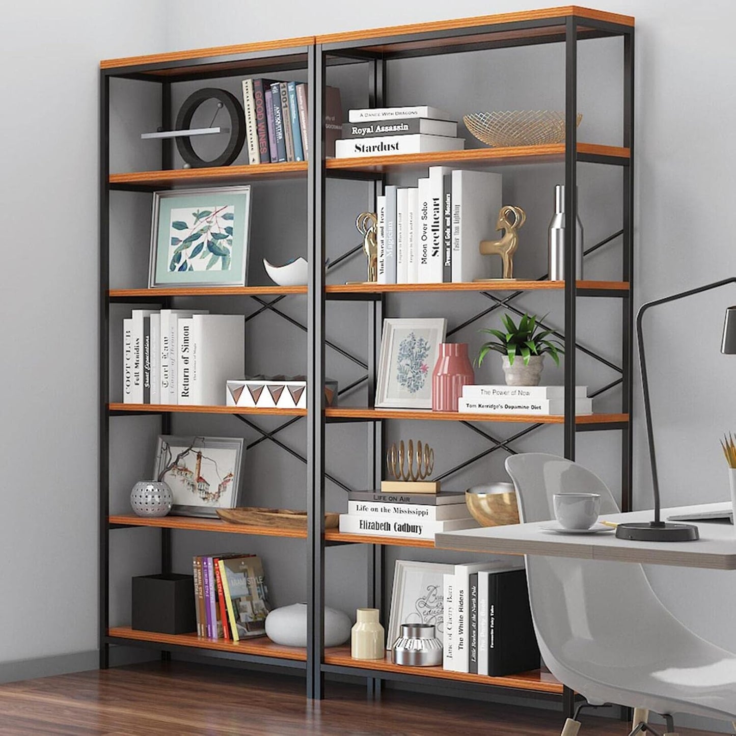 Himimi 6-Tier Bookshelf Set of 2,Tall Bookcase Industrial Wood Storage Rack with Open Book Shelves,Modern Metal Standing Organizer,Vintage Display Rack for Living Room, Office, Bedroom, Rustic Brown