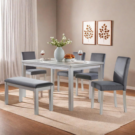 Dining Table Set for 5, 6 Piece Dining Room Table Set with Rectangular Crystal Decoration Table, 4 Upholstered Backrest Chairs and Bench, Counter Height Kitchen Sets with MDF Tabletop, Grey