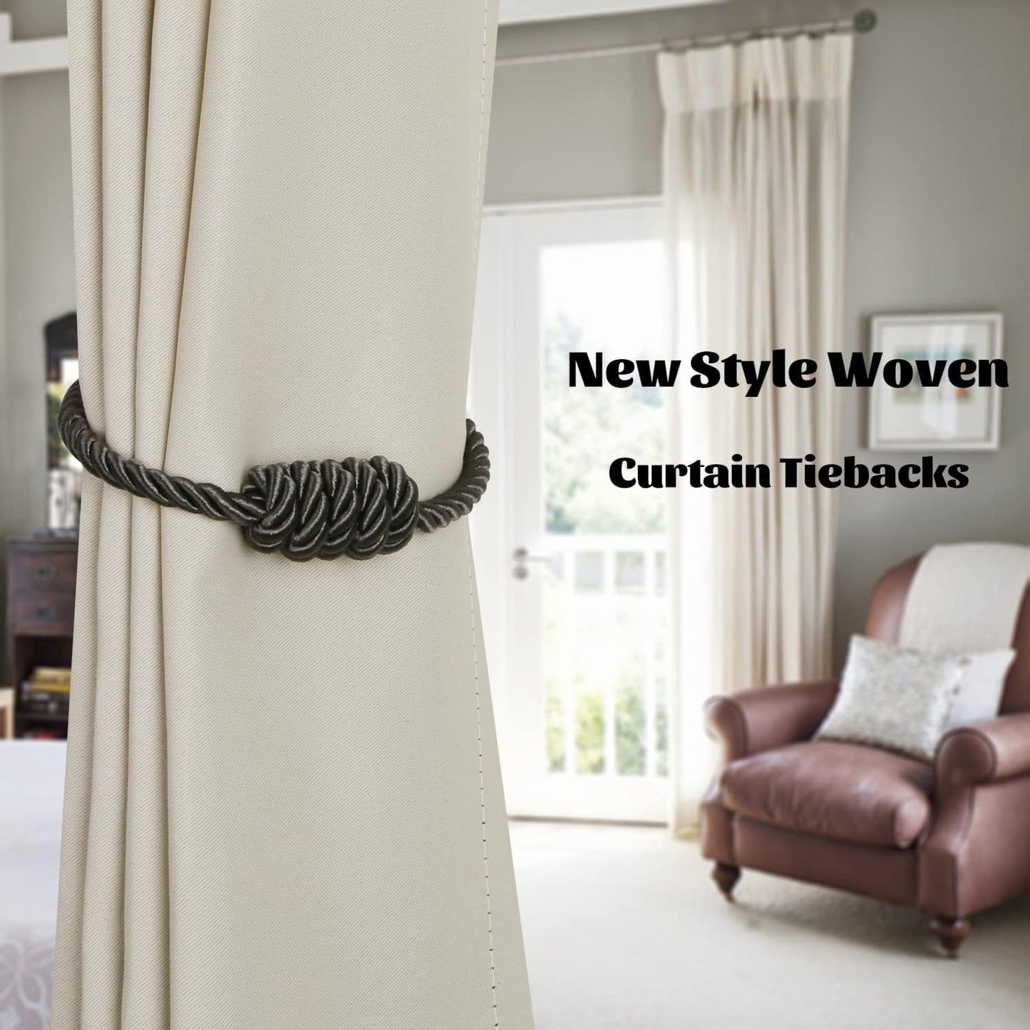 BEL AVENIR Magnetic Curtain Tiebacks, Decorative Drapery Holdbacks Modern Woven Tie-Backs with Exquisite Knot (Charcoal, 2 Pack)