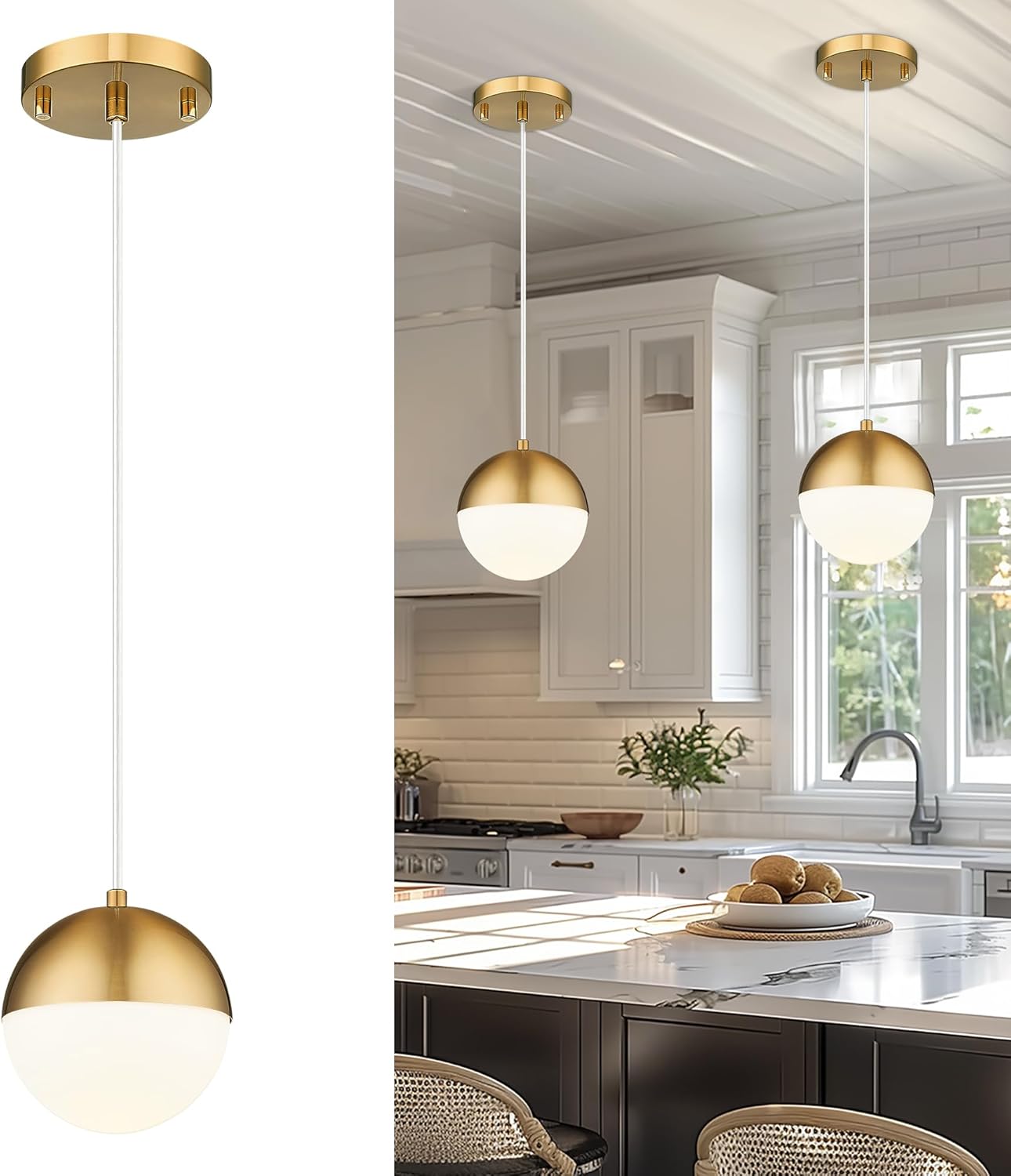 LMS 6-inch Brushed Gold Pendant Light Fixtures, Mid Century Pendant Light Fixtures with White Globe Glass, Adjustable Hanging Cord Ceiling Light Fixtures for Dining Room Bathroom, LMS-186BGS
