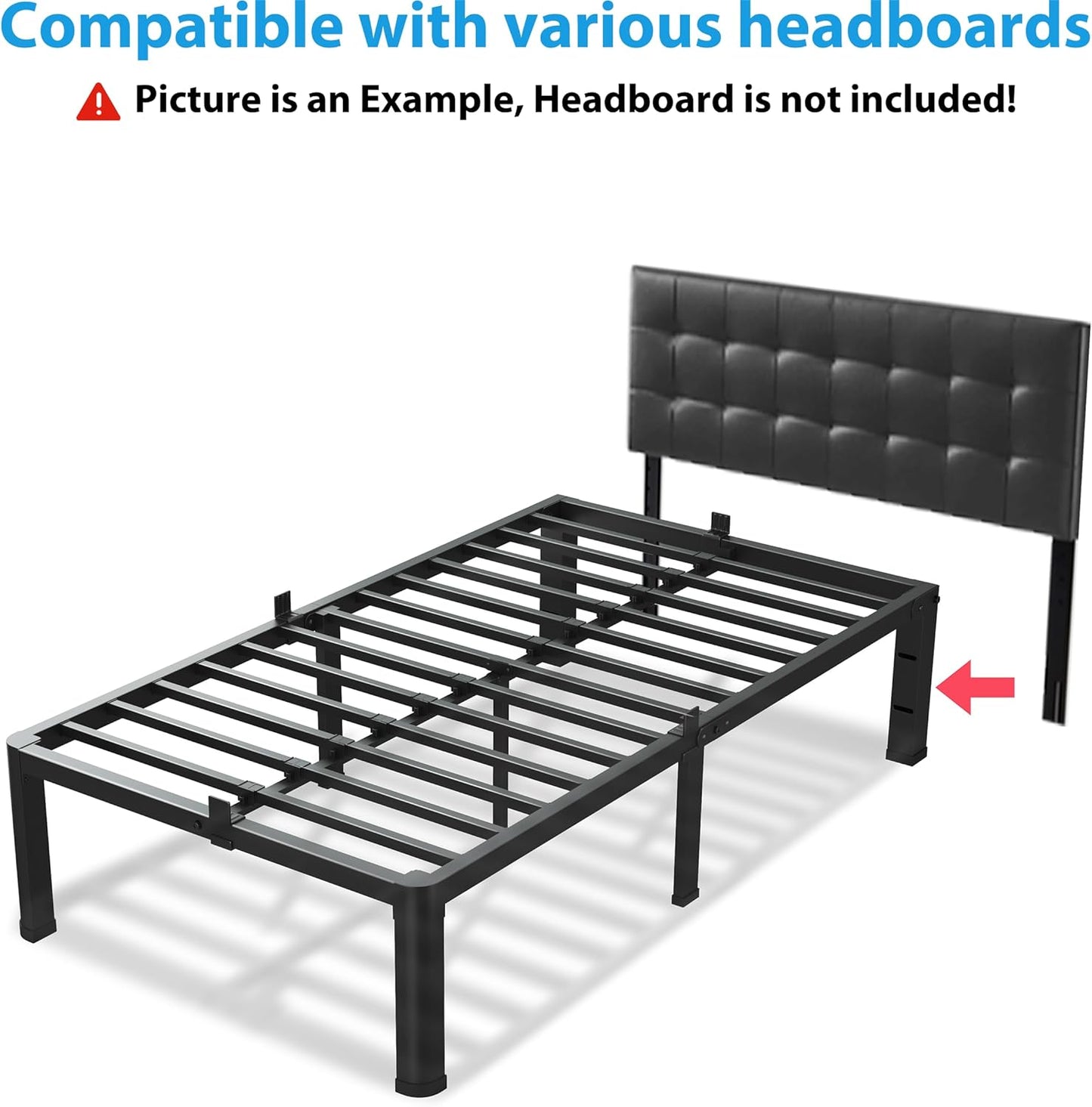 16 Inch Twin Size Bed Frame, 3500Lbs Heavy Duty Metal Platform with Round Corner Legs Mattress Slide Stopper, Steel Slat Support No Box Spring Needed, Noise Free, Non-Slip, Easy Assembly