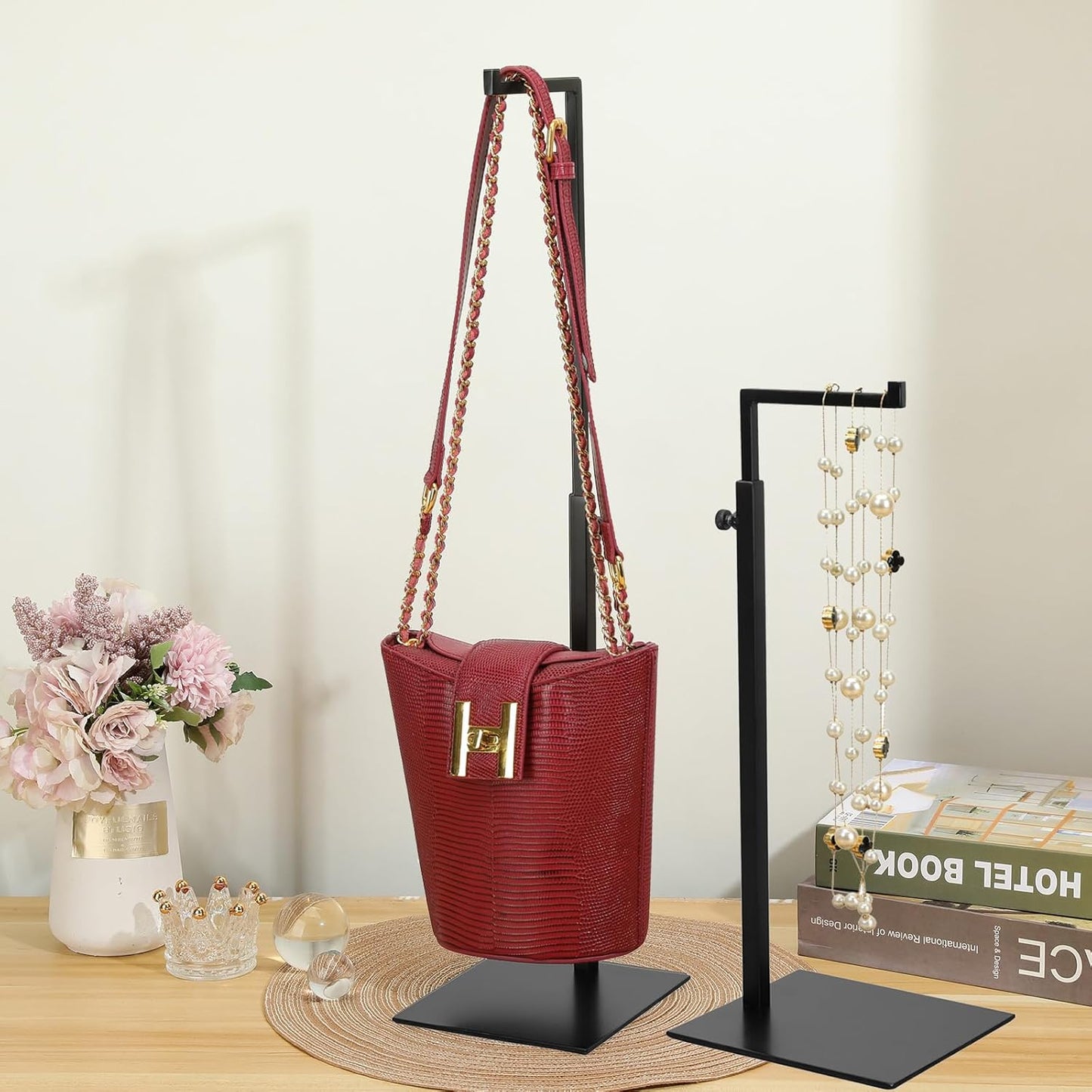 Purse Display Stand - 2 Pack Solid Black Bag Display Rack Stands, Counter Adjustable Height Stainless Steel Purse Handbag Holder Display Stand