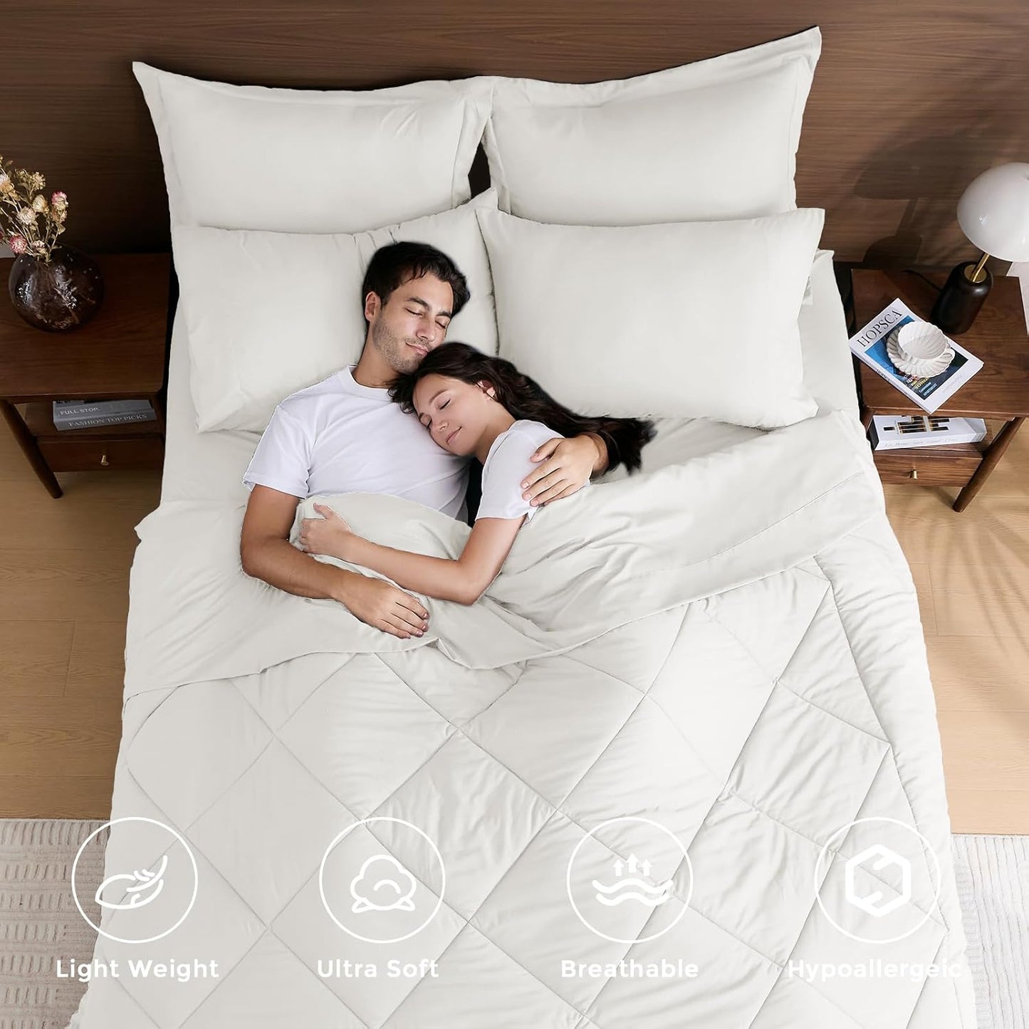 HEVUMYI Ivory Queen Comforter Set - 7-Piece All Season Bed in a Bag Queen, Ultra Soft Bedding Set with Comforter, Flat Sheet, Fitted Sheet, Pillowcases, Pillow Shams