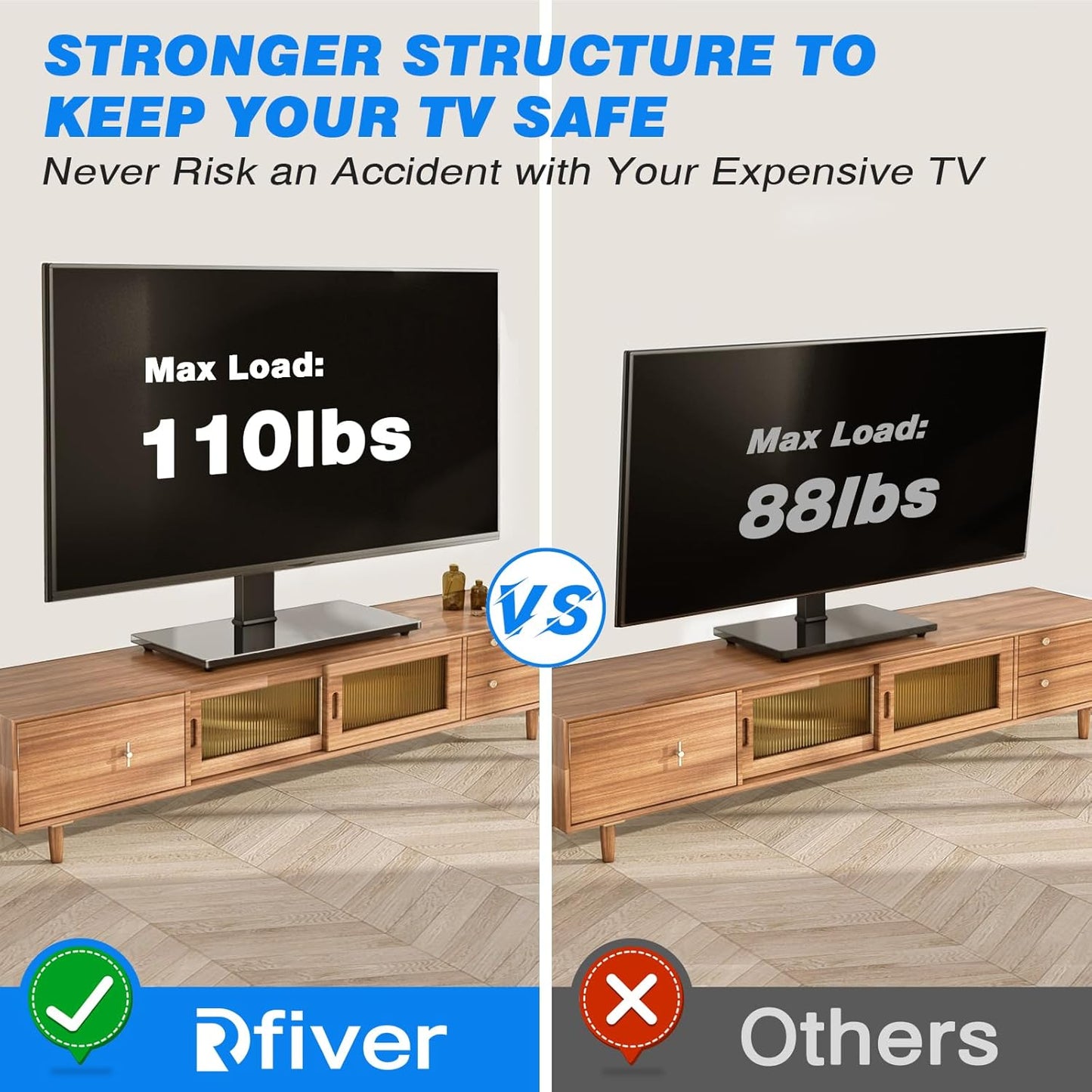 Rfiver Universal Swivel Table Top TV Stand for 37 to 65, 70 75 inch TVs, Height Adjustable Table Top TV Stand Mount with Tilt, Heavy Duty TV Replacement Stand with Tempered Glass Base Up to 110lbs